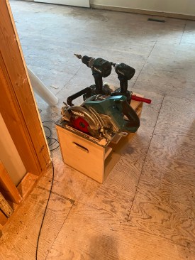 In this adaptation, Brian has cut a slot in a Katz Box to stabilize a circular saw for transport to and from the truck, along with the drill and driver he needed for some pickup framing on a remodel.
