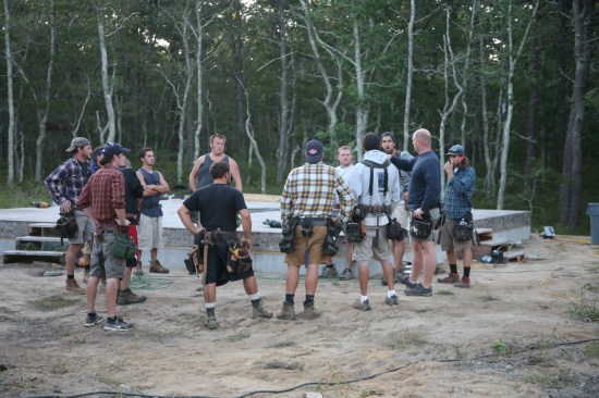 Monday 6:42a: Matt Anderson gives his crew marching orders before they start faming the Blitz home. Note the bare deck in the background.