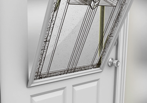 1. From the outside of the door, lift the new frame with glass into position.