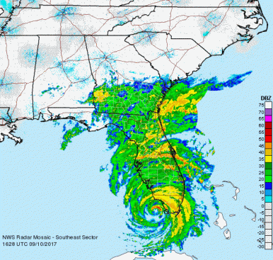 A Weather Service radar composite shows Irma's eye just to the southeast of the Everglades at the south end of the Florida peninsula. Heavy wind was still pounding the Atlantic side of the state even as the storm took aim at populated areas on the Gulf shore.