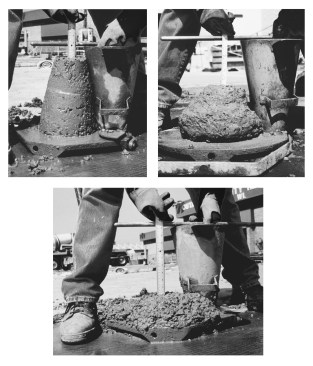 A slump test uses a standard cone — 12 in. high, 8 in. wide at the base, and 4 in. wide at the top. To perform the test, fill the cone in one-third lifts and “rod it” (churning by moving a piece of rebar up and down) 25 times between each lift. Remove the cone and measure the distance from the height of the cone to the height of the slumped concrete. Residential concrete should slump no more than 4 in.