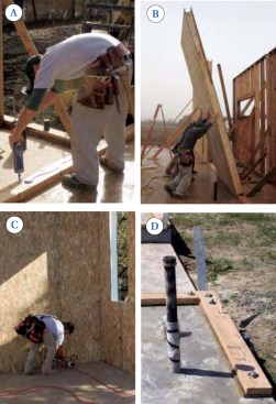 To install wall panels, start by running a bead of sealant along the face and edges of the sole plate (A). Then stand the panels over the plate (B), brace them plumb, and nail the bottom edges to the sides of the plate (C).