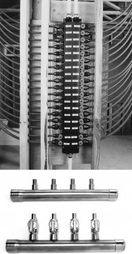 Standard manifolds are available from PEX suppliers (top), but plumbers who know what they’re doing often prefer to make their own from copper pipe and brass fittings (above) because they cost less and provide more flexibility.