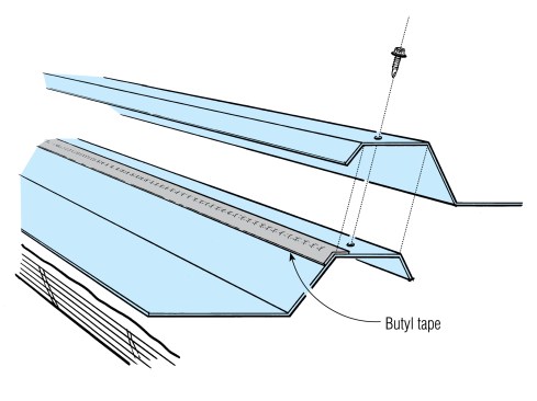 To seal the lap between adjacent panels, apply butyl tape to the weather side of the rib shoulder. 