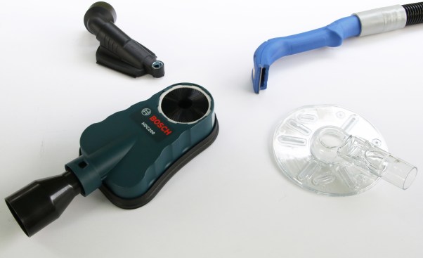 Manufacturers have a burgeoning array of attachments that enable workers to work safely at almost every dirty job (even paint-scraping). Shown above (clockwise, from upper left): Festool Drilling Dust Nozzle D 27-BSD; Oneida Air Systems Viper Vacuum Scraper; Oneida Air Systems Dust-Free Router Hood (also shown below); Bosch HDC200 Universal Dust Collection Attachment.
