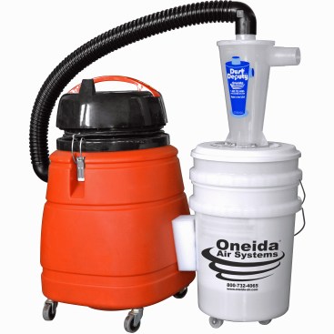 Cyclonic dust extractors can suck up large volumes of dust without clogging filters. Large stationary units are common in woodworking shops, but there are several portable types available now, as well. Shown above is an inexpensive “add-on” version that allows you to use your own vacuum. Below is a heavy-duty, "all-in-one" cyclonic dust extractor is designed to contain silica.