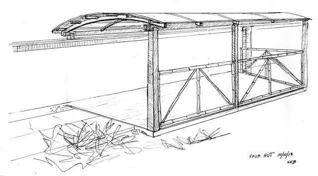 The design - which we playfully called the 'Kava Hut' - was inspired by a book about life in the South Pacific, and had to accommodate an existing masonry wall, as shown in the sketch. I reviewed the structural details with an engineer (danielsengineers.com) before beginning construction.