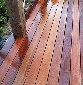 We used IpeClip hidden fasteners (deckwise.com) to attach the ipe decking to the framing, so we had to use a biscuit cutter to cut the needed grooves. We protected the decking until all construction was completed with ¼” plywood, and finished the ipe with natural creamed beeswax (briwaxmidwest.com).