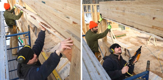 Carpenters mark, measure, cut, and place 20-inch LVL members as they assemble a high-capacity engineered wood structure in place, piece by piece.