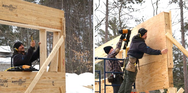 Carpenters mark, measure, cut, and place 20-inch LVL members as they assemble a high-capacity engineered wood structure in place, piece by piece.