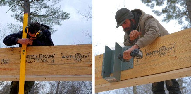 Carpenters mark, measure, cut, and place 20-inch LVL members as they assemble a high-capacity engineered wood structure in place, piece by piece.