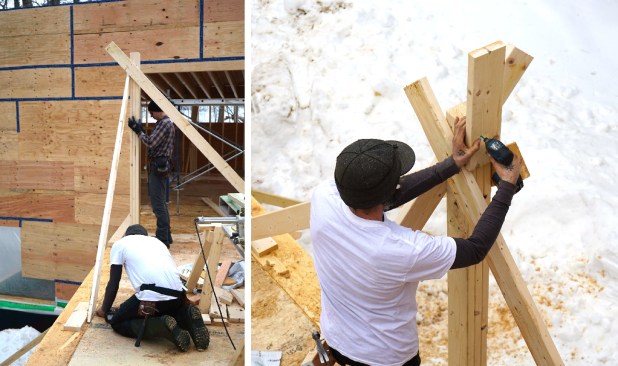 Carpenters mark, measure, cut, and place 20-inch LVL members as they assemble a high-capacity engineered wood structure in place, piece by piece.