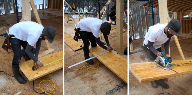 Carpenters mark, measure, cut, and place 20-inch LVL members as they assemble a high-capacity engineered wood structure in place, piece by piece.