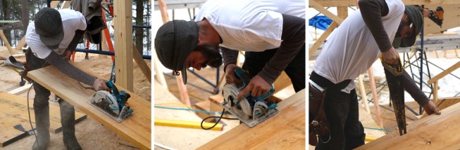 Carpenters mark, measure, cut, and place 20-inch LVL members as they assemble a high-capacity engineered wood structure in place, piece by piece.