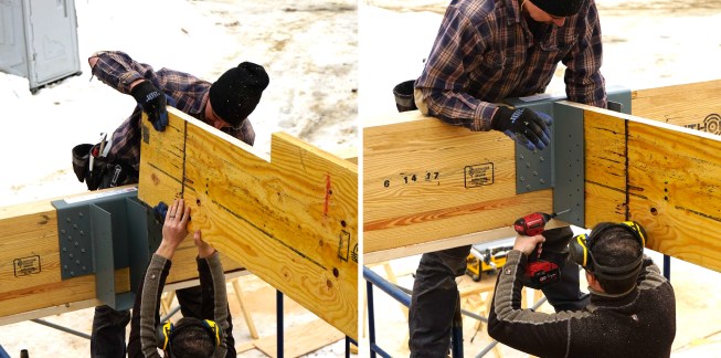 Carpenters mark, measure, cut, and place 20-inch LVL members as they assemble a high-capacity engineered wood structure in place, piece by piece.