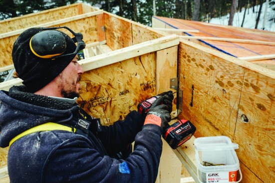 Alex Strugatskiy fastened the skewed connectors to the LVL at the top.
