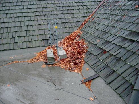 This is a small but vulnerable spot, and we often see it detailed incorrectly on existing work. Valleys are prone to collecting leaves, particularly if someone sets up an antenna at the base of the valley. The lower roof unavoidably slows down water drainage, and when the valley is clogged, a significant amount of water coming down that valley will tend to spread out and back up under the shingles. Wind can intensify the problem, pushing the water upward. Snow tends to pile up here as well, and ice damming is likely.