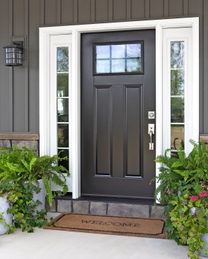 ProVia Legacy Steel door in Black, with Snowmist sidelites