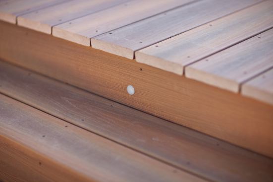 Deck Dots LED fixtures can be walked on, are waterproof, and measure less than in inch in diameter. 