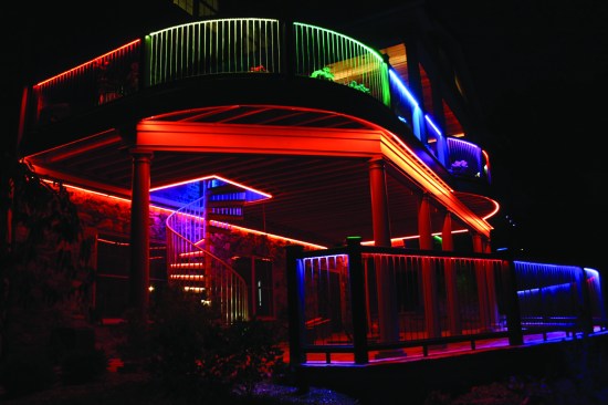 The deck is illuminated by digital RGB LED lighting strips, which have about 10 individually controllable LEDs per foot.