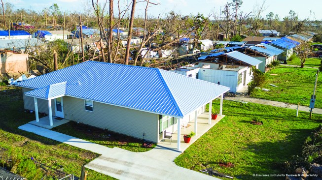 Framed by Florida builder Eric Anderson, the Habitat for Humanity house above stood up to Hurricane Michael’s wind force with no significant damage, while downed trees and ripped-off roofs around the area attest to the power of the winds at that location. Credit goes to Anderson’s preferred above-code connection details and a continuous load path.