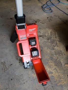 The M18 Rocket tower light doesn't have a built-in charger, but it can run for up to 24 hours on a pair of batteries.
