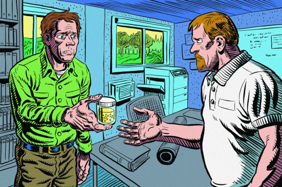 Suspicious guy hands over urine sample for drug test