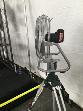 The AV 18 is a cordless fan that Metabo released last year. It runs on their LiHD 18V battery platform and can run for 7 hours (presuming on “low”) on a 5.2Ah battery. Here it’s mounted on a tripod via an integrated mounting plate and tripod socket. Both the housing and blades are metal, and it has 3 speed settings: Low, Medium, High. Cost: approx. $155.