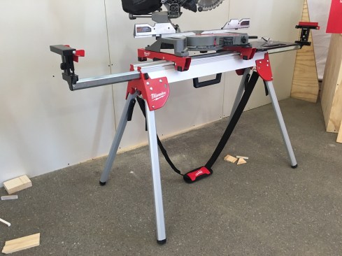 The new aluminum A-frame-style folding stand (model #48-08-0551) weighs 31 lbs and is equipped with a bracket system that fits all brands of miter saws. With a capacity of over 500 lbs, the stand can support large building materials when fully extended. Available now. Cost: $199.
Optional accessories are also available: A table top for (48-08-0552), a carry strap for $15 (48-08-0553), and additional mounting brackets for $28 (48-08-0554)