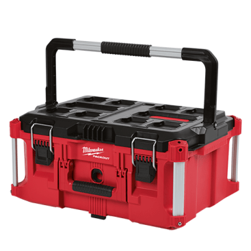 The Packout Large Tool Box is made with impact resistant polymers and metal reinforced corners which provides 100lbs of weight capacity. The lid is IP65 rated with a weather seal to keep out rain and jobsite debris. 22”L x 16W x 11.3”H. Weight: 12 lbs. Item number 48-22-8425 ($79.99)