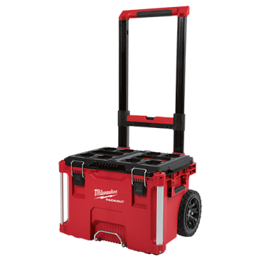 The Milwaukee Packout Rolling Tool Box is the foundation of the Packout system. It is made with impact resistant polymers, an industrial grade extension handle, 9” all terrain wheels and metal reinforced corners that together provide 250lbs of weight capacity.  The lid is IP65 rated and includes a weather seal to keep out rain and jobsite debris. Size: 22”L x 25W x  18.9”H. Weight: 23.4 lbs. Item number 48-22-8246 ($129.99)