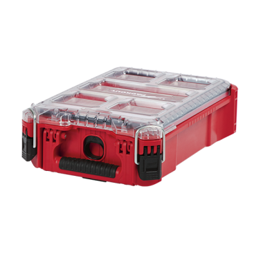 The Milwaukee Packout Compact Organizer is made with impact resistant polymers and a lid that is IP65 rated with a weather seal to keep out rain and jobsite debris. It has 5 removable bins that can be mounted to most construction materials. Item number 48-22-8435 ($29.99)