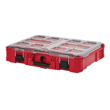 The Milwaukee Packout Organizer is made with impact resistant polymers and a lid that is IP65 rated with a weather seal to keep out rain and jobsite debris. It has 10 removable bins that can be mounted to most construction materials. Item number 48-22-8431 ($44.99)