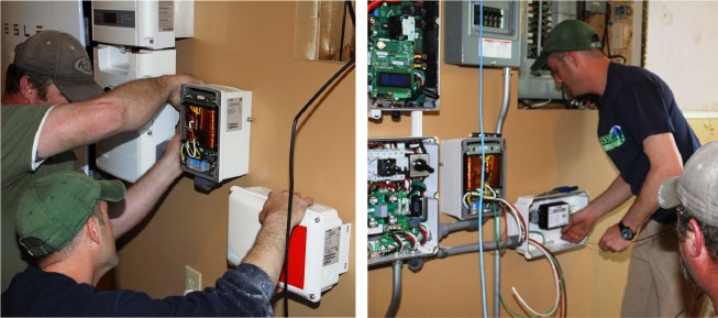 With the Powerwall battery and StorEdge inverter in place, the electricians add a transformer (which regulates voltage and improves efficiency and power quality) and a SolarEdge smart meter (which communicates between the equipment and the utility and homeowner).
