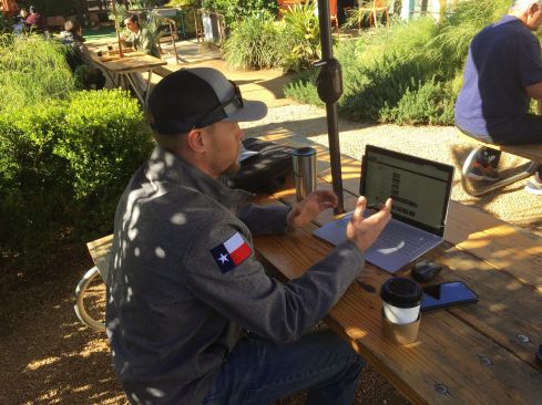 Multivista contractor John Whitten logs onto a project model over wi-fi at a coffee shop in Austin, Texas. The interface gives password-protected access to project documentation anyplace where there's an Internet connection.