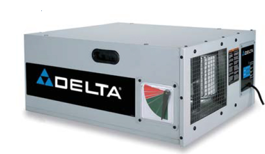 An air cleaner such as this Delta unit is intended for small woodshops but does a good job minimizing the dust inside your client’s house.
