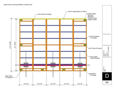 Here is a typical framing plan for a 10-by-13-foot modular deck, which the author designed using SketchUp. This design consists of 2-foot 6 1/4-inch-wide modules that are fabricated in the shop, then later assembled on site.