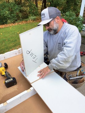 Then I rip the MDO to width with a track saw, using the template to mark the angles, which I also cut with a track saw.
