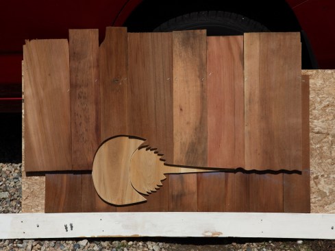 Crabby Kit Traced from an image on the web, the pattern for this horseshoe crab made it easy for the parts for each layer be cut and assembled on a board ahead of time. The parts were then labeled and disassembled to be brought to the jobsite.