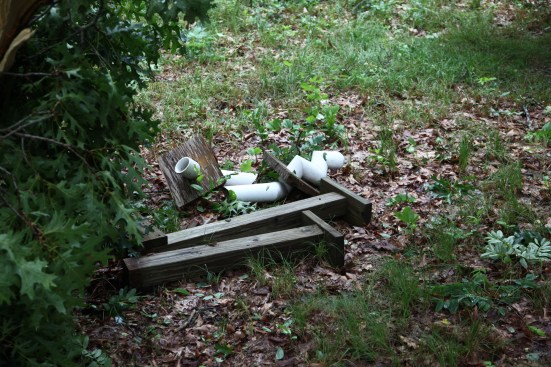 A sculpture called "In and Out" got knocked down and broken by a large oak branch.