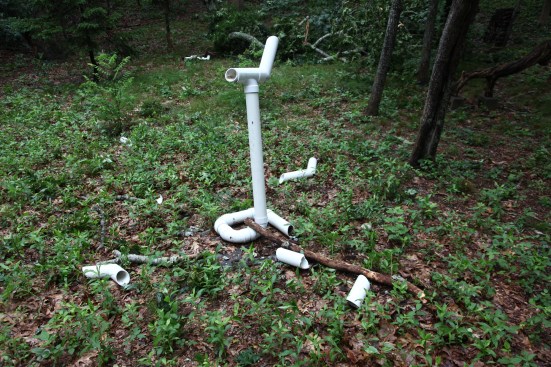 The small branch in the picture not only broke apart the pieces of this sculpture, but the PVC pipe was actually broken by the impact.