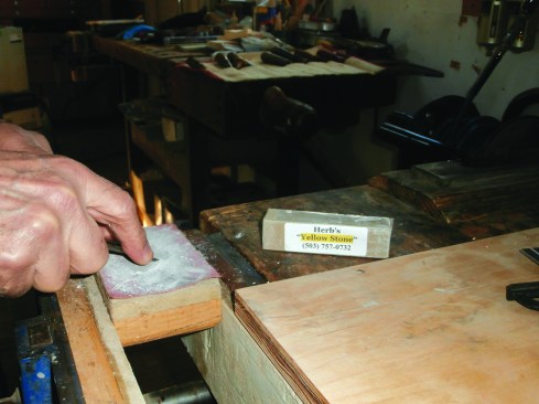 The last step is stropping on a piece of leather (rough side up) tacked to a block and loaded with Herb’s Yellow Stone compound.