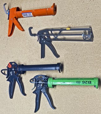 11-ounce guns: While basic “half-barrel” (orange) and “skeleton” guns (second from top) work, they’re harder to use than professional-grade tools, which have a higher thrust ratio. The Irion-America gun (third from top) lets you switch between 12:1 and 25:1; the green Albion has a 26:1 ratio. The higher the ratio, the easier it is to apply more-viscous caulks.