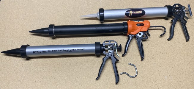 20-ounce guns: All three “sausage” guns above are designed to hold sausage packs of sealant and have a 12:1 thrust ratio.