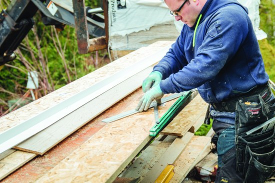 Here he’s using it to find the angle for the last piece of the ribbon board, but that same angle will be used for all the siding that fills in the gable end, as well.