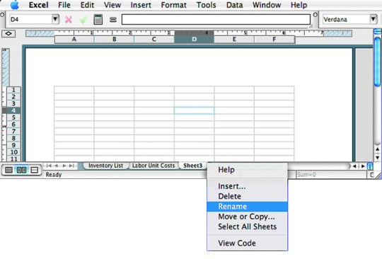 Figure 1. Name a worksheet by right-clicking the tab, selecting Rename, and typing in a descriptive title.