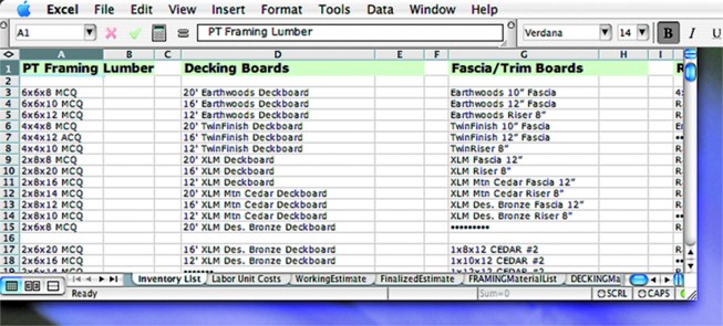 Figure 2. Type category headings in the first row of the Inventory List worksheet, leaving two columns blank after each. In the first column below each heading, enter the list of materials. The second column will be filled with costs; the third column will be left blank, as a visual break between categories.