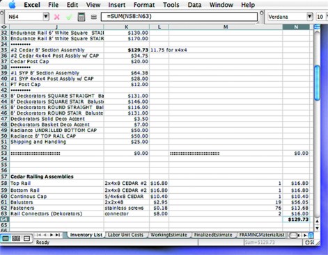 Figure 3. The greatest amount of up-front work is compiling the costs of individual materials. To simplify estimating later on, the author also bundles items into commonly used assemblies; here he has priced out the components of a cedar railing assembly and transferred just the total cost to the list. 