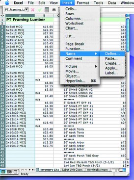 Figure 5. Name lists by highlighting the item names, then clicking Insert > Name > Define. In the dialog box that appears (above), enter the list name and click OK.