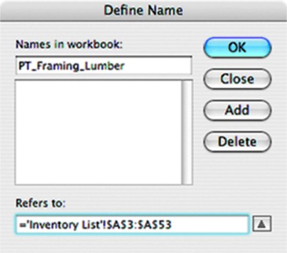 Figure 5. Name lists by highlighting the item names, then clicking Insert > Name > Define. In the dialog box that appears (above), enter the list name and click OK.